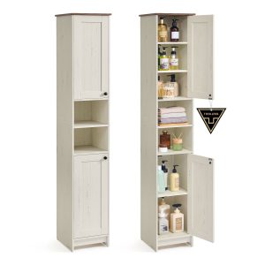 Slim freestanding storage cabinet with adjustable shelves