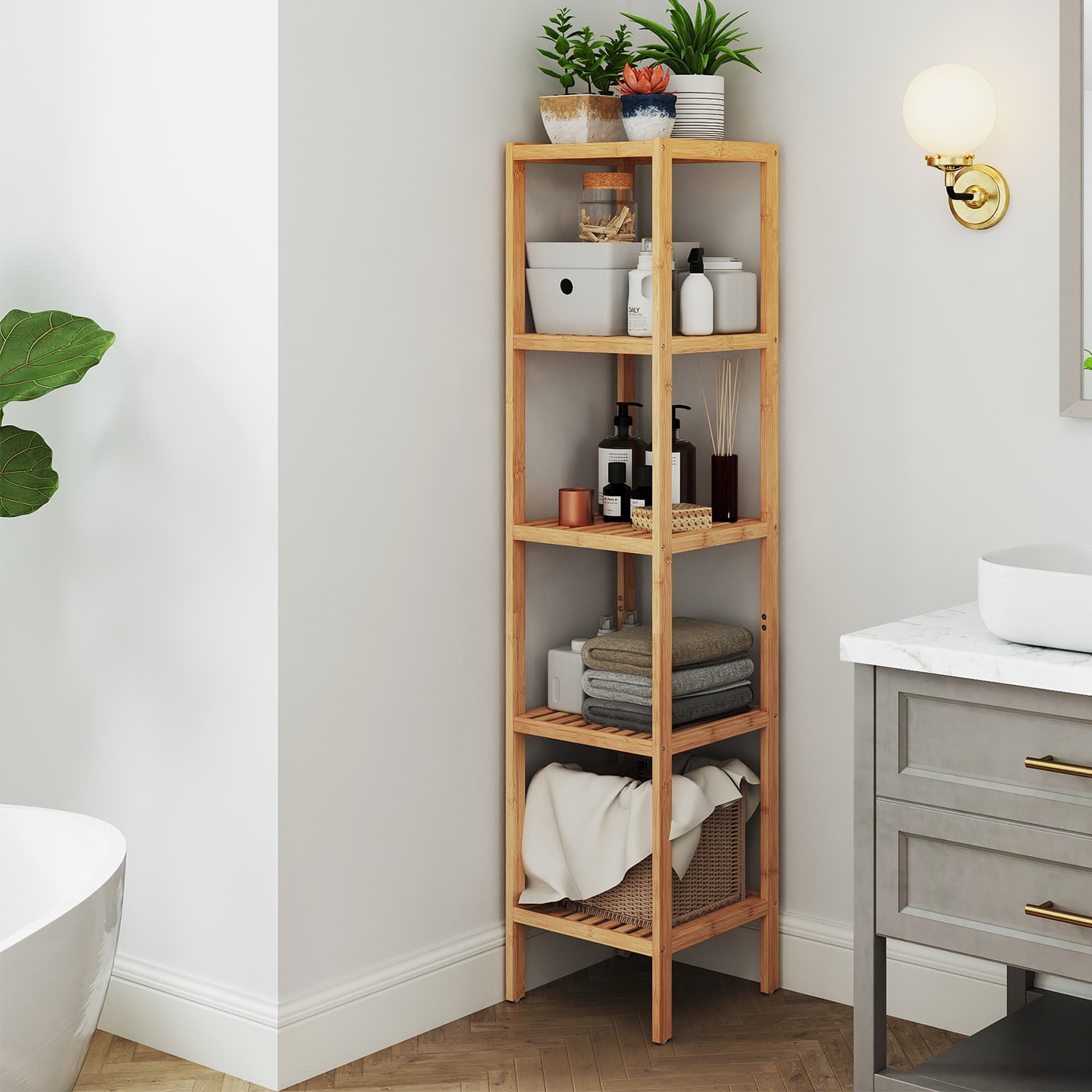 Bamboo bathroom shelf for narrow multifunctional home storage