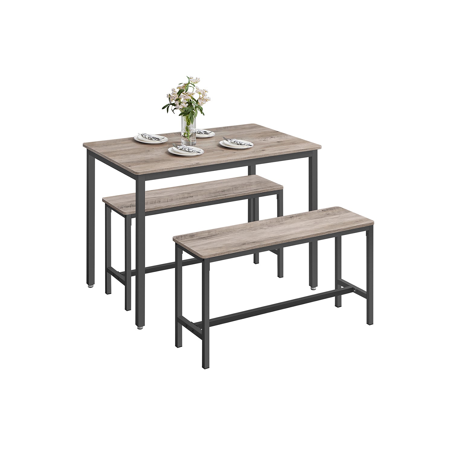 Industrial Rustic Brown Dining Table with 2 Benches - Image 2