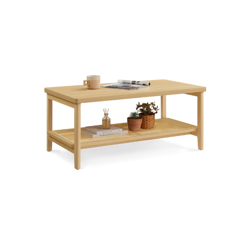 Rectangular Center Table with PVC Rattan Storage Shelf