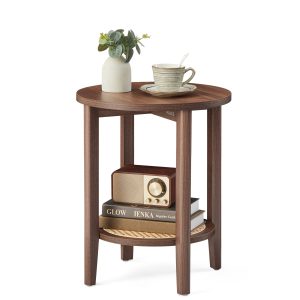 Round Side End Table. 2-Tier Boho Bedside Table with Rattan-Look Storage Shelf