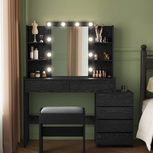 VASAGLE Vanity Desk with Mirror and LED Lights