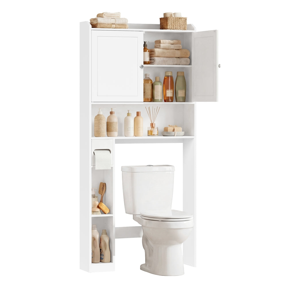Bathroom storage shelf with paper holder over toilet