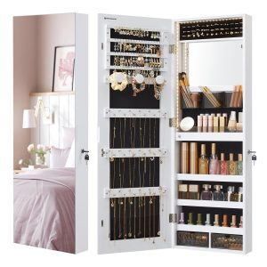 Hanging Jewelry Cabinet Armoire with Built-in Mirror and LED Lights