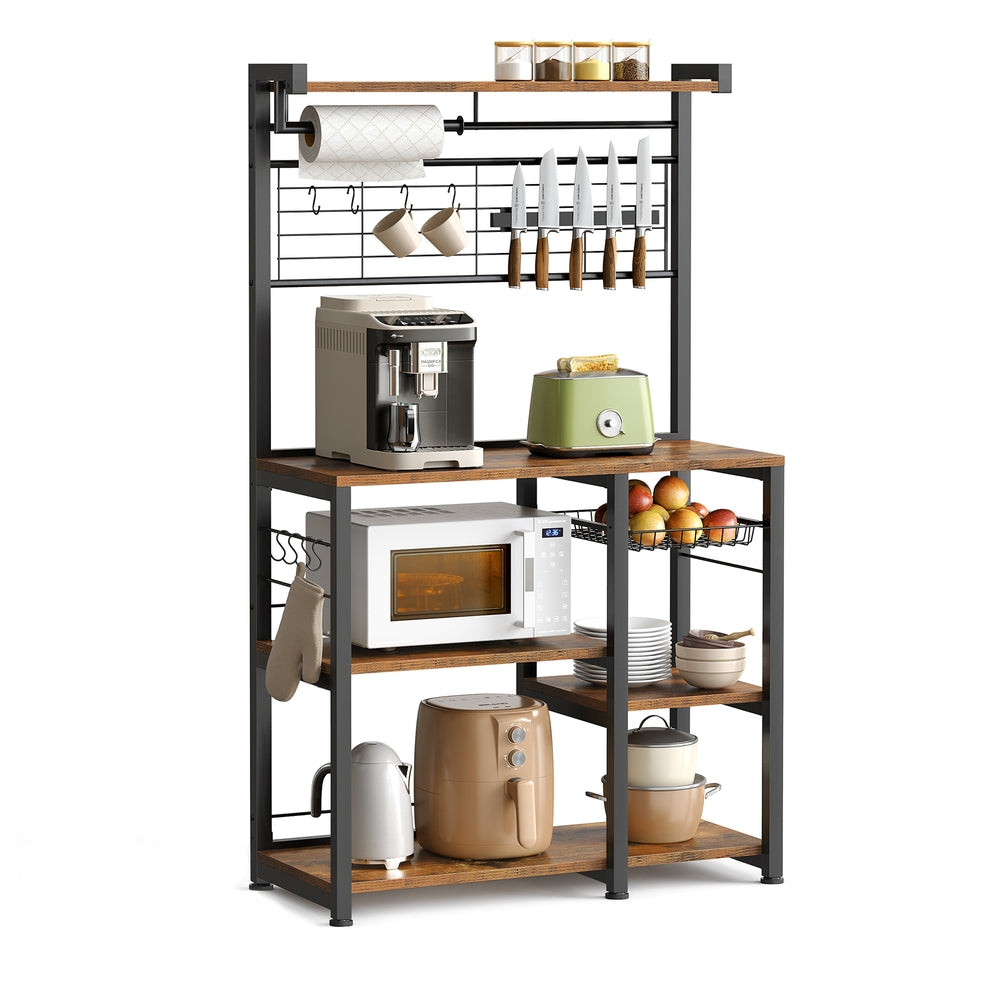 Bakers Rack with Magnetic Knife Holder. Basket and Hooks