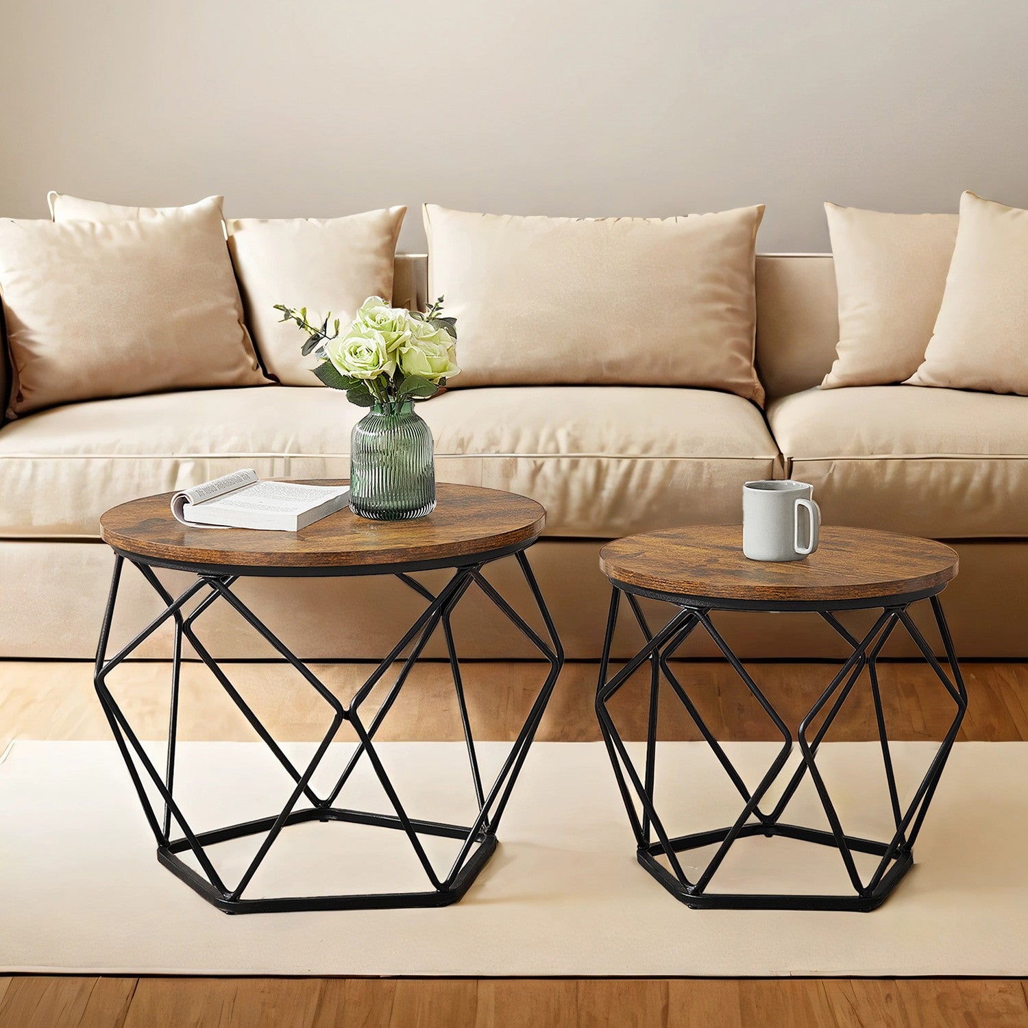 Round coffee table and side table set for living room and office