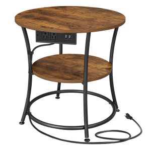VASAGLE Side Table. 2-Tier Round End Table with Power Outlets