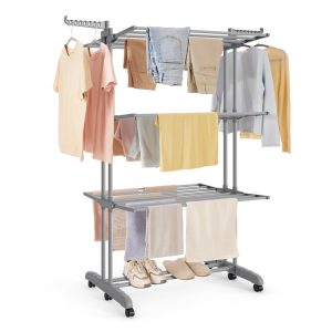 SONGMICS Clothes Drying Rack 4-Tier. Foldable Laundry Drying Rack 173 cm Tall. Stainless Steel. Rolling Clothes Horses