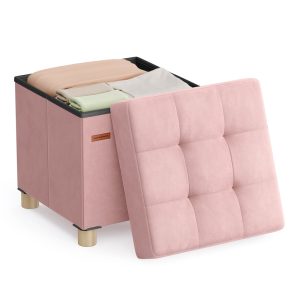 SONGMICS Small Storage Ottoman. Folding Ottoman Cube. 15 x 15 x 15.7 Inches. Footstool. Footrest. 9.8 Gal. (37 L). Velvet Surface. for Bedroom. Living Room. Dorm