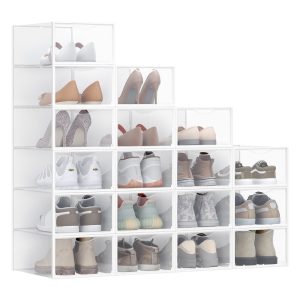 Stackable plastic shoe storage boxes for closet and bedroom