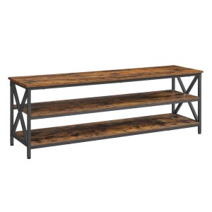TV Stand. TV Table for up to 65 Inches TVs. Media TV Console with Shelves. 3-Tier Storage. Farmhouse Industrial with X-Shape Steel Frame. Rustic Brown and Black