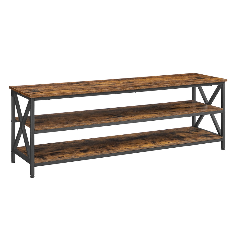TV Stand. TV Table for up to 65 Inches TVs. Media TV Console with Shelves. 3-Tier Storage. Farmhouse Industrial with X-Shape Steel Frame. Rustic Brown and Black