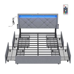 LED Bed Frame Queen Size with Headboard and 4 Drawers