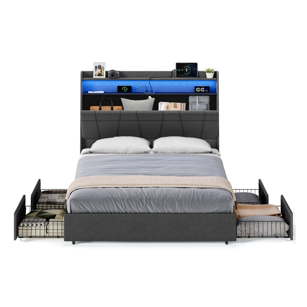 Bed Frame Queen Size with LED Lights. Charging Station